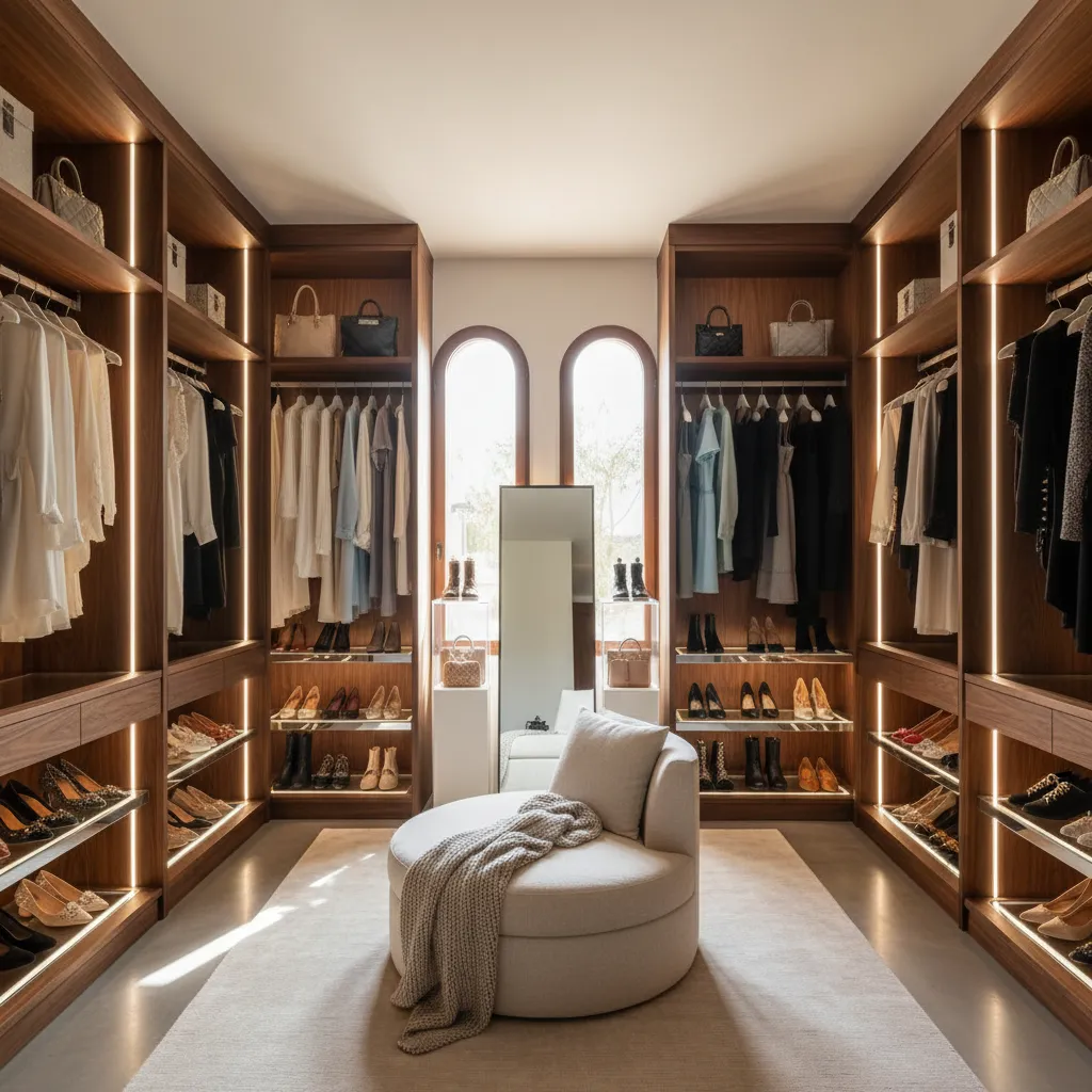 Spacious dressing room with clothes arranged by colour